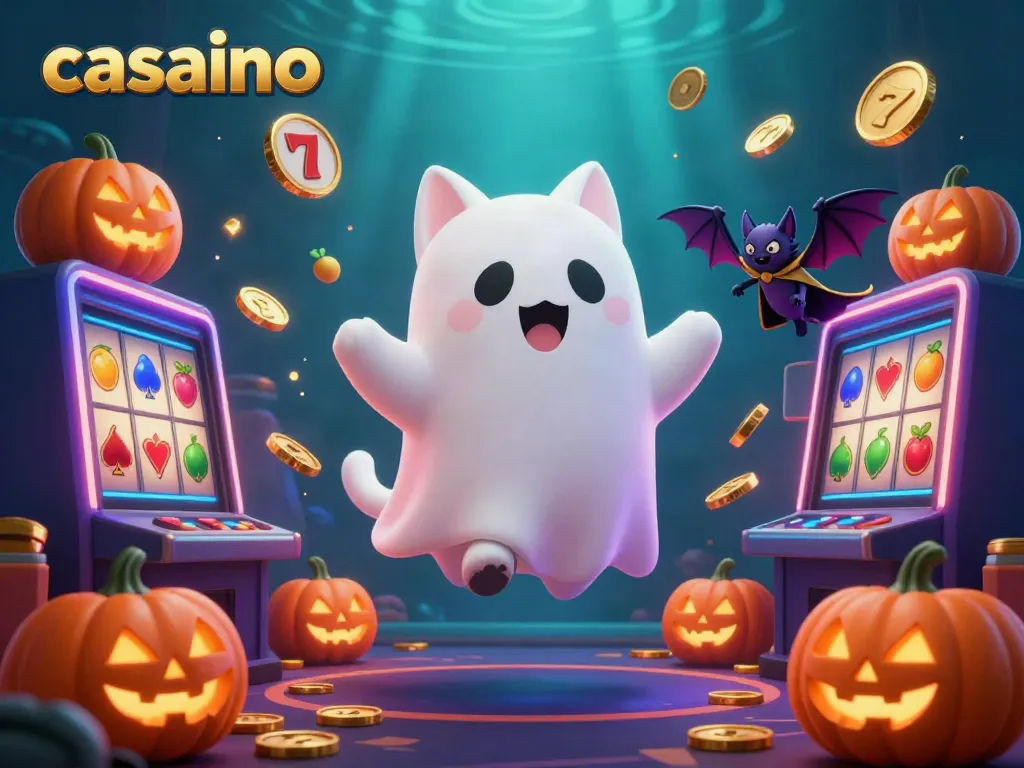 Experience thrilling casino action with friendly ghost cat and vampire bat in a vibrant scene