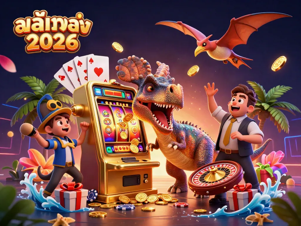 ภาพที่แสดง สล็อตออนไลน์โดยตรง 2026 ที่มีไดโนเสาร์กำลังตีเครื่องสล็อต เพื่อชนะเหรียญแจ็คพอต