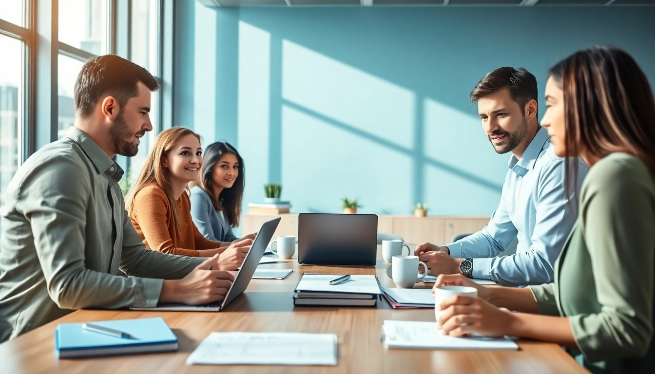Collaboration in proposal writing and management with a diverse business team in a modern office.