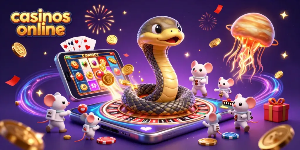 Jugadores en casinos online apostando alrededor de un planeta ruleta cósmico y una medusa dorada.