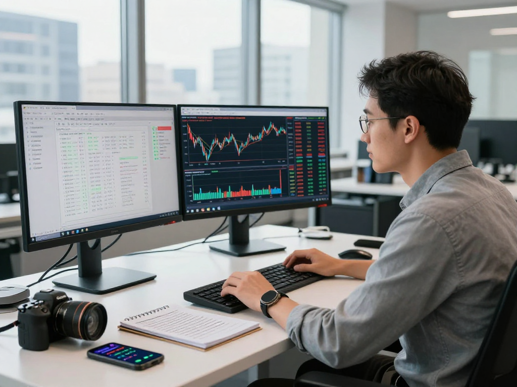 Trader analyzing market charts on TradingView in a modern office workspace.