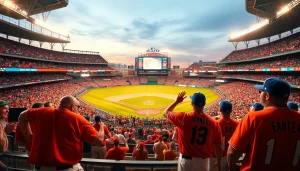 mlb중계의 생동감 넘치는 야구 경기 장면, 관중과 선수들이 어우러진 모습.