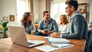 Engaging scene of a family discussing Life insurance with an advisor in a warm home office.