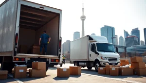 Efficient movers showcasing Toronto moving services with a bustling city backdrop.
