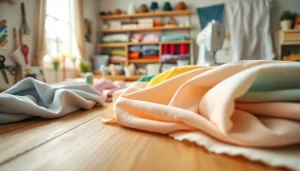 Katoen stoffen met diverse kleuren op een houten tafel in een naaiatelier.
