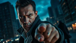 Heroic character navigating city streets like Reacher, showcasing determination and suspense.