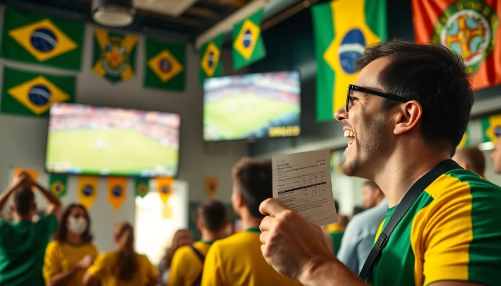 Celebrate with a passionate fan representing best sports betting sites Brazil in a vibrant atmosphere.