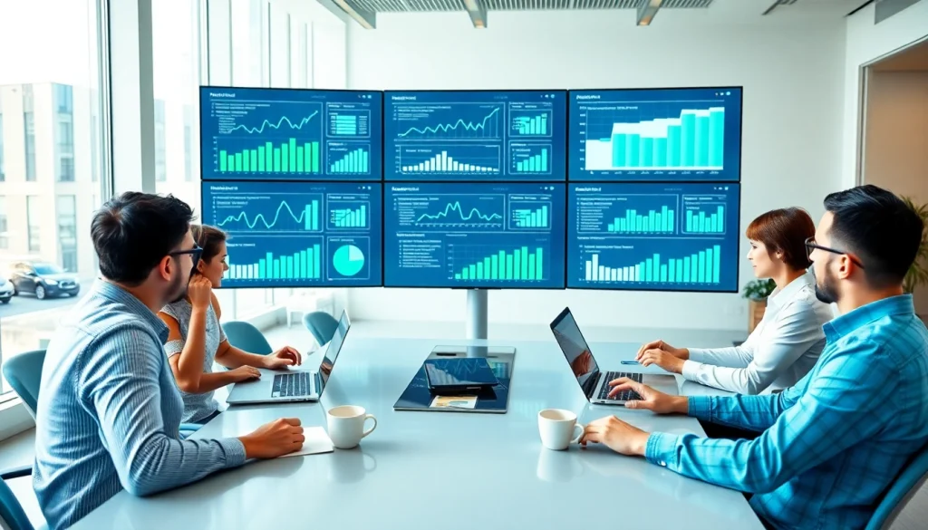 Engaged marketing professionals discussing smm services in a bright office setting.