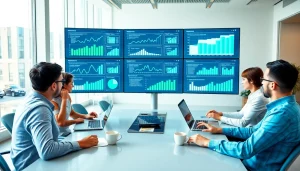 Engaged marketing professionals discussing smm services in a bright office setting.