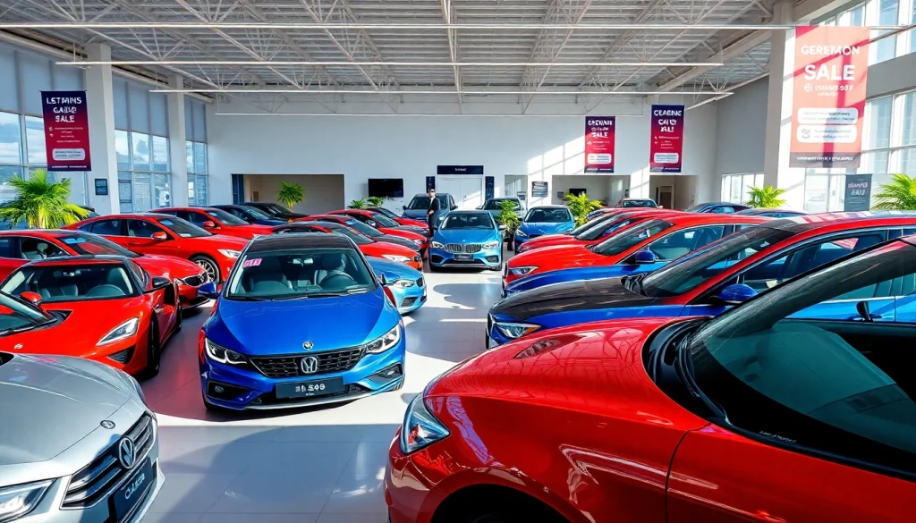 Buy a car in a modern showroom showcasing various vehicle options and vibrant colors.