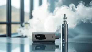 Vozol Vape-Gerät auf eleganter Oberfläche mit dynamischem Dampf-Hintergrund