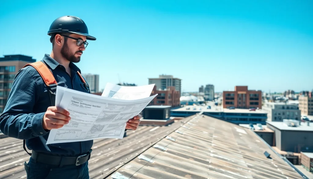 Showcasing a professional inspecting commercial roofing services on a city building.
