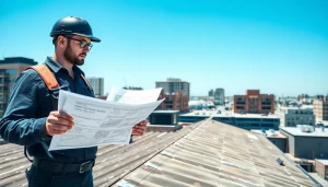 Showcasing a professional inspecting commercial roofing services on a city building.