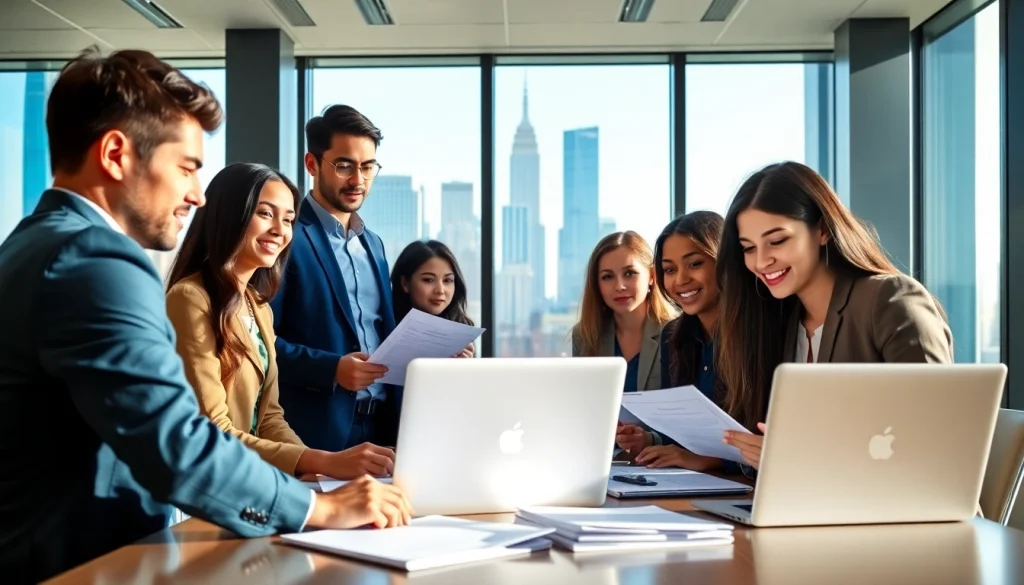 Job seekers collaborating to find new york jobs in a vibrant New York City office.