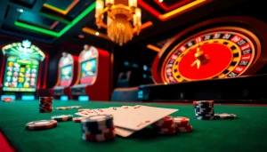 Experience the thrill of 8kbet đăng nhập with vibrant casino elements like cards and roulette wheels.