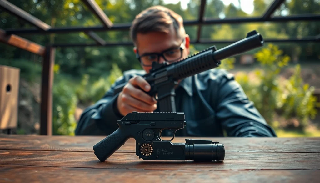 Gun enthusiast examining a forced reset trigger at an outdoor range.