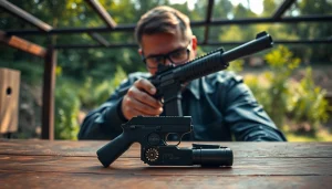 Gun enthusiast examining a forced reset trigger at an outdoor range.
