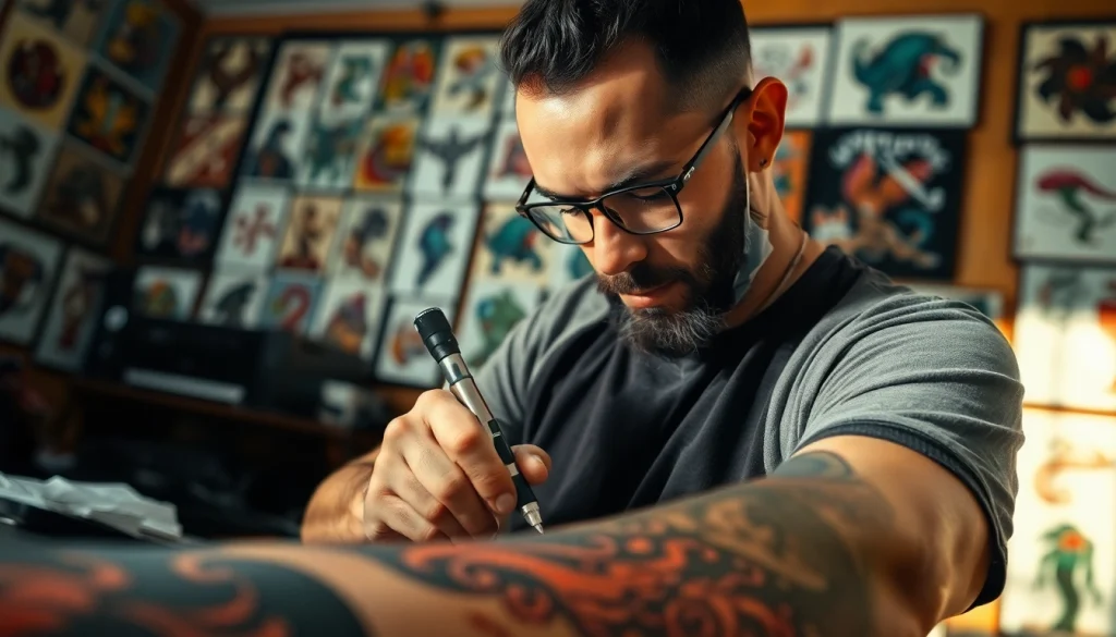A vibrant tattoo artist creating a masterpiece at entrelagostattooartgallery.com, showcasing intricate designs.