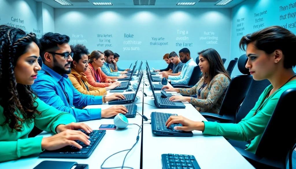 Experience diverse individuals in action at a vibrant typing center with modern setups and ergonomic stations.