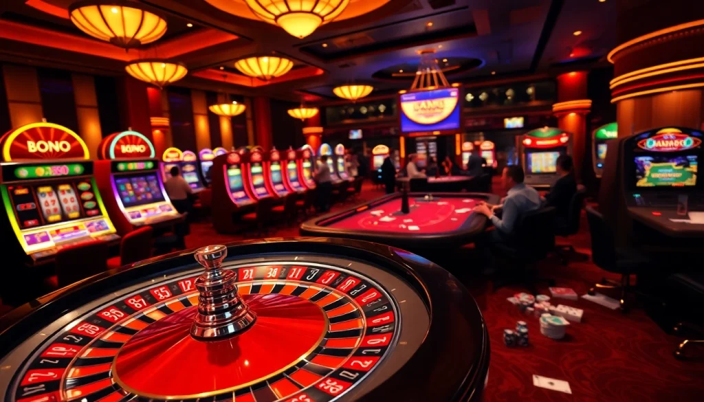 Action-packed scene of online gambling at https://mm88.team/, featuring roulette and poker tables.