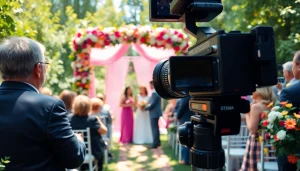 Edmonton videographer filming a wedding ceremony outdoors with vibrant colors and natural light.