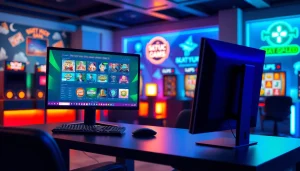 Situs kode4d gaming interface showcasing vibrant slot games on a modern computer setup.