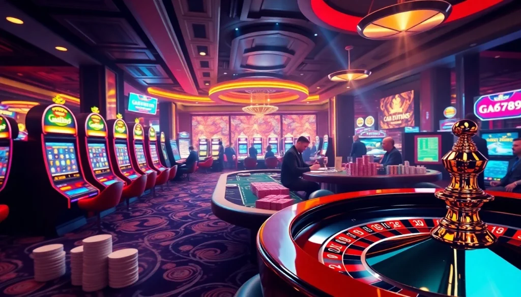 Experience thrilling gameplay with ga6789 at a vibrant online casino featuring poker tables and slot machines.
