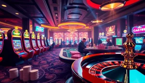 Experience thrilling gameplay with ga6789 at a vibrant online casino featuring poker tables and slot machines.