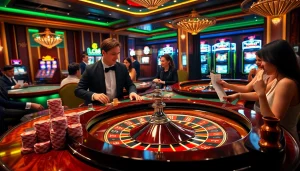 Experience the thrill of LC88 at a luxurious casino table with vibrant poker chips and intense gameplay.