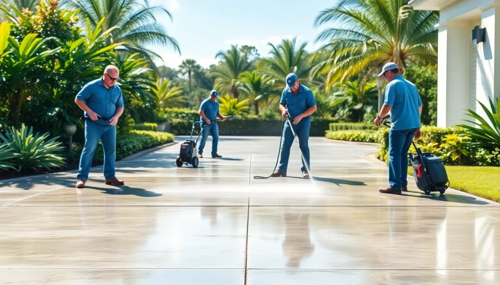 Concrete cleaning crew revitalizing a driveway in Orlando, FL with professional pressure washing techniques.