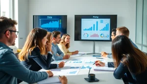 Analyze competitor pricing strategies during a business meeting with diverse professionals and charts.