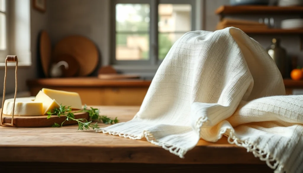 Kaasdoek met verse kaas en kruiden op een houten tafel