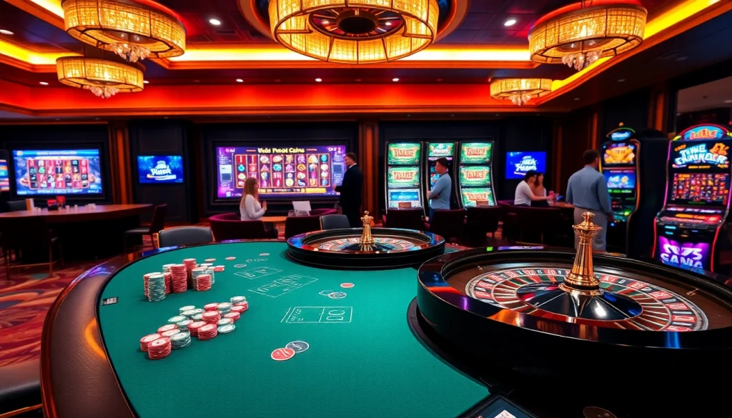 Players enjoying poker and slot games at UU88 casino, showcasing excitement and luxury.