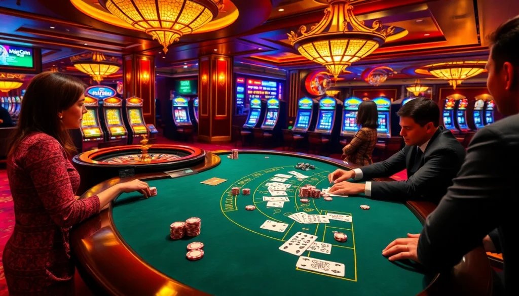 Experience the excitement at Trang Chủ BJ88 with players at a blackjack table and glowing slot machines.