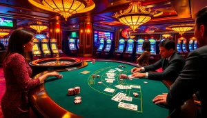 Experience the excitement at Trang Chủ BJ88 with players at a blackjack table and glowing slot machines.