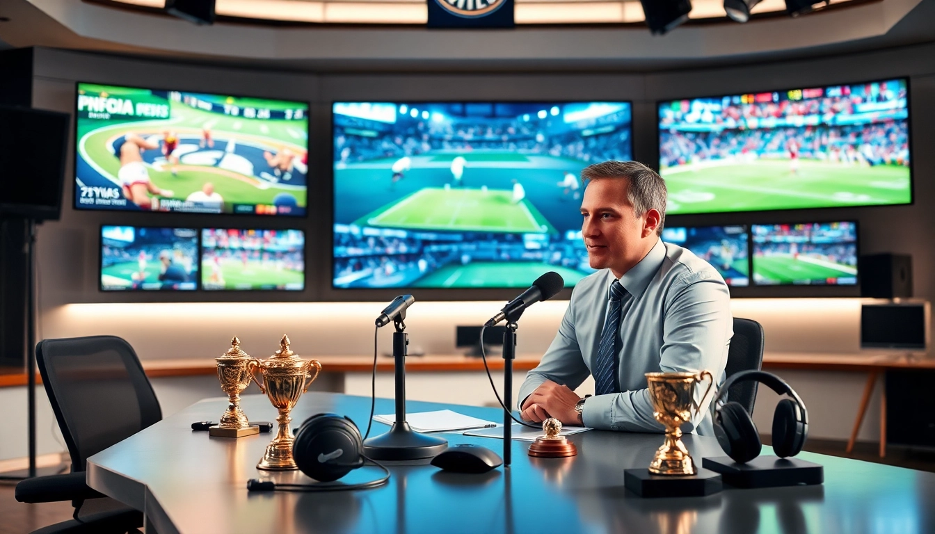 Engaging sports broadcasting atmosphere with a commentator in action and vivid sports events.