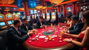 Engaged players at a luxurious poker table in the vibrant world of onicplay casino.