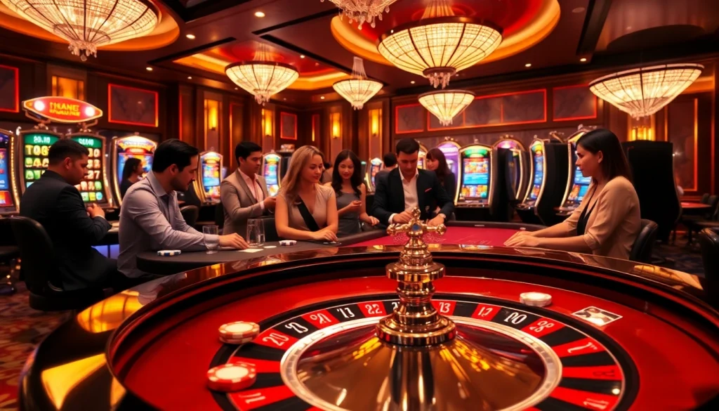 Engaging THABET casino gaming scene showcasing vibrant slot machines and poker tables.