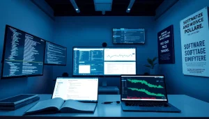 Software engineering workspace with coding screens and financial analytics.