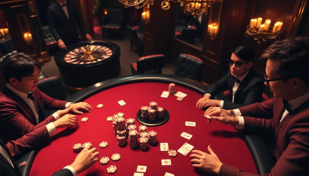 The i9bet2h club showcases an elegant poker game with strategic players, luxury decor, and vibrant roulette in the background.