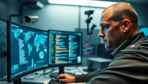 The hidden wiki represented through a law enforcement officer analyzing dark web data in a high-tech lab.