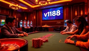 Experience excitement in a casino setting with vn168 poker players at a luxurious table surrounded by vibrant lights.