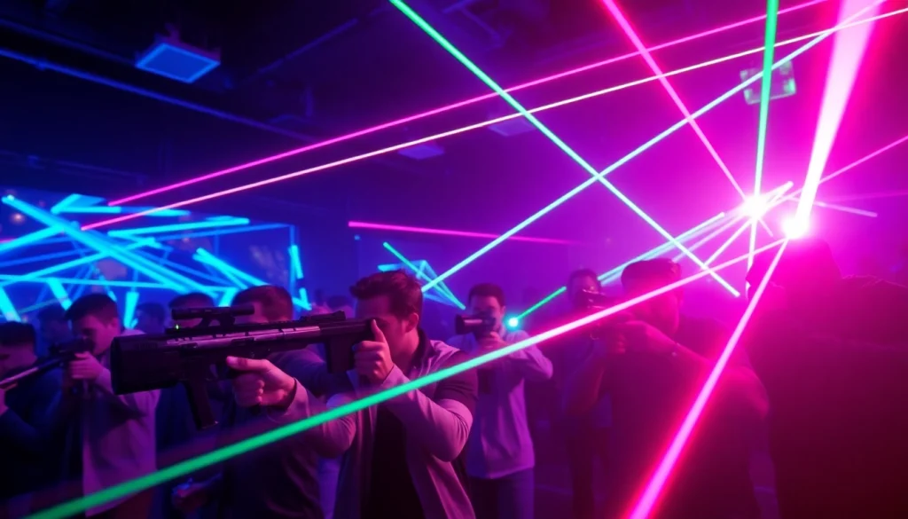 Players engaged in an exciting Laser tag battle amidst vibrant neon lights and colorful lasers.