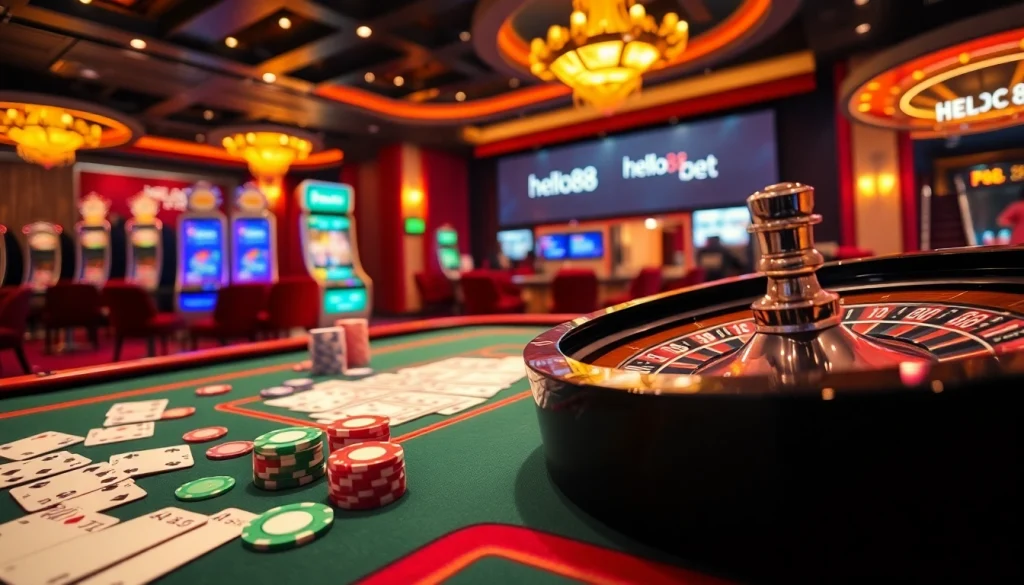 Experience the thrill of hello88 bet with vibrant casino tables, poker chips, and roulette games.