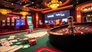 Experience the thrill of hello88 bet with vibrant casino tables, poker chips, and roulette games.