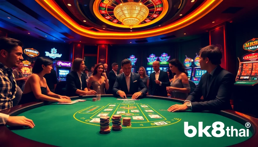 Excited players engaging at a bk8thai blackjack table in a luxurious casino setting.