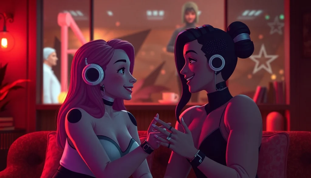 AI sex conversation between two virtual characters in a cozy lounge