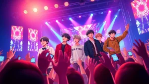 BTS members performing live, showcasing their vibrant stage presence and energy.