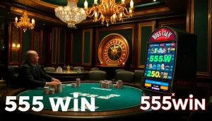 Experience the thrill of 555win at a luxurious casino table with poker chips and cards.