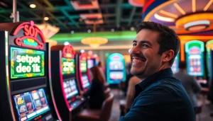 Menang besar di slot depo 1k dengan suasana kasino yang ceria dan penuh warna.